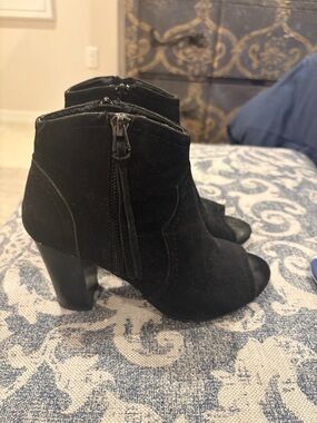 XOXO Black Suede Peep-Toe Ankle Booties with Side Tassel Zip